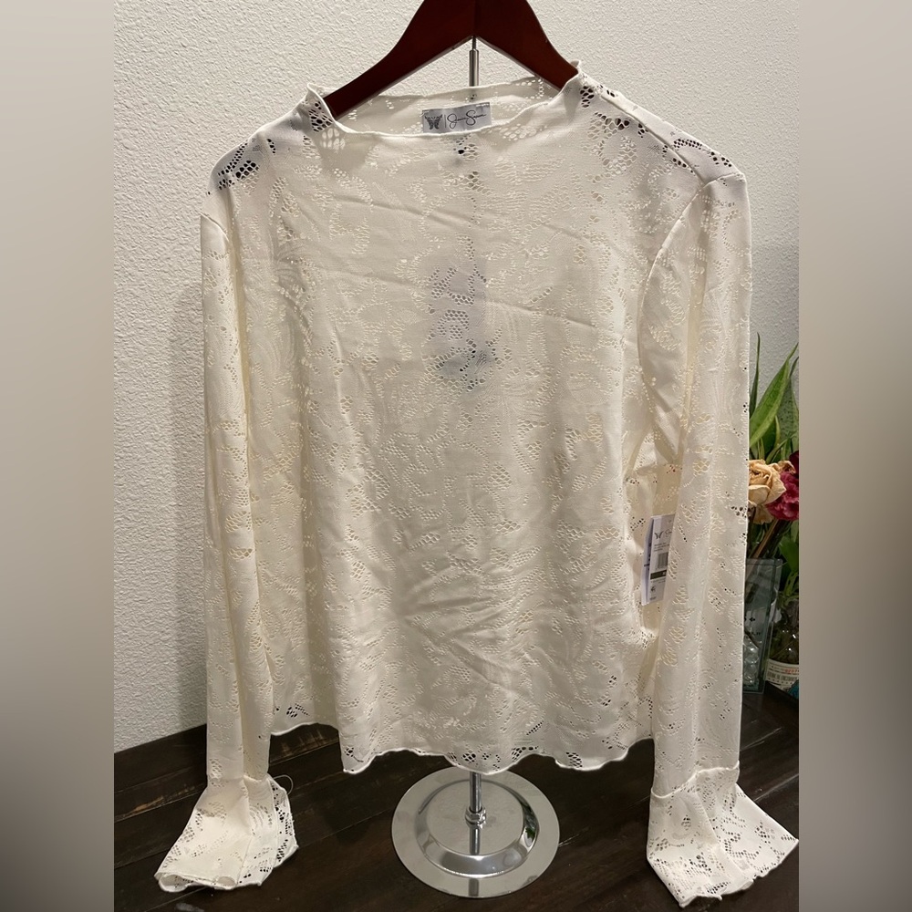 Jessica Simpson Cream Lace Mesh Top bell sleeves,  with camisole, size XL NWT
